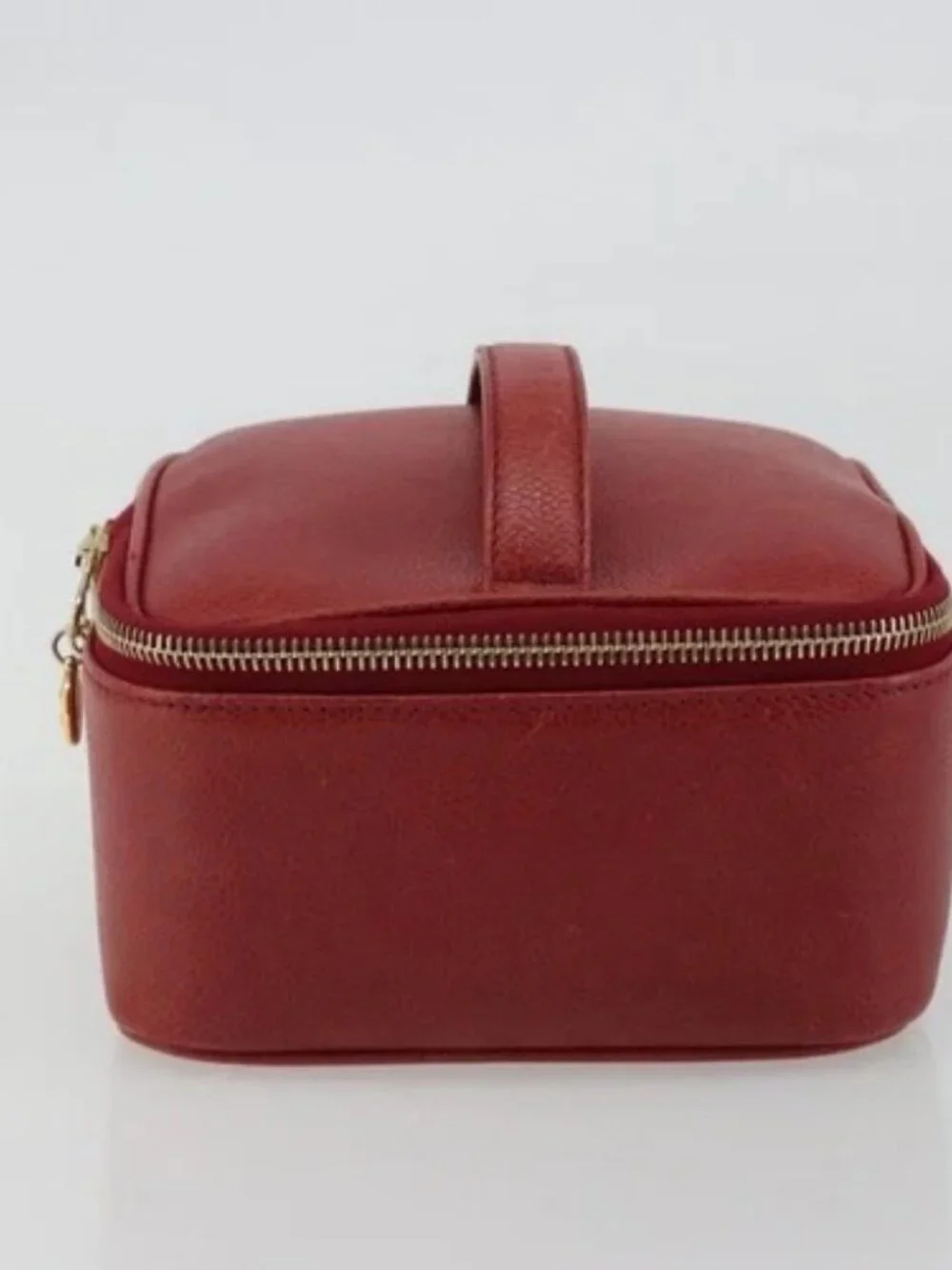 CHANEL COCO Mark Vanity Hand Bag Grained Calf Skin Red Gold CC Auth ka4988
